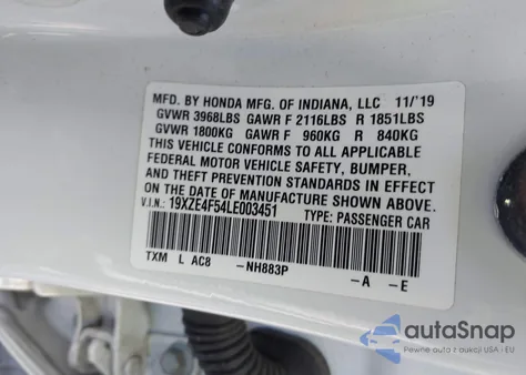 2020 Honda Insight Ex from USA, damaged, VIN 19XZE4F54LE003451